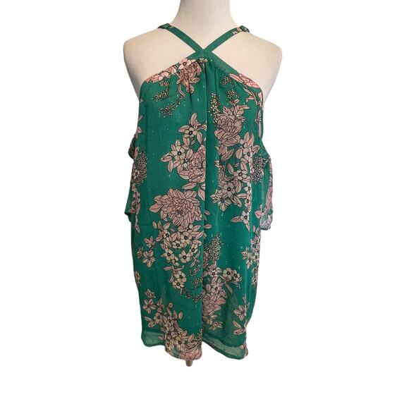 Torrid Green Floral Halter Top Womens Size 2X Crinkle Chiffon Cold Shoulder - Picture 2 of 12